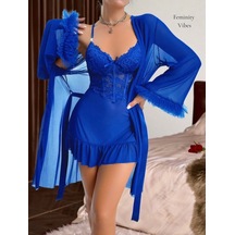 İntive Lingerie Sugar Cool Transparan Tülden Volan Detaylı Mini Gecelik Sabahlık Saks Mavisi
