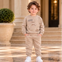 Maxx Kelın Erkek Bebek 2'li Takım Bej Dinozor Baskılı Sweatshirt Ve Pantolon 6-12-18-24 Ay