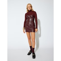 Koton Suni Deri Straplez Elbise Mini Boy Kalp Yaka Slim Fit Bordo 5wak80074uw Bordo