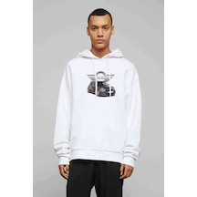 Mini Cooper Car Baskılı Beyaz Erkek Örme Kapşonlu Sweatshirt