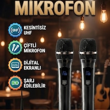 Çiftli Uhf Kablosuz El Mikrofonu Dijital Göstergeli Şarj Edilebilir Set