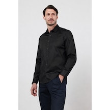İmza Sert Yaka Uzun Kol Cepsiz Saten Slim Fit %100 Pamuk Gömlek 1004260424 Siyah