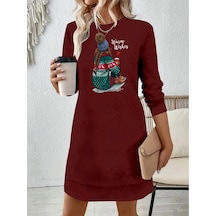 Valensdesign Kadın Uzun Kollu Bisiklet Yaka Desenli Viskon Iki Iplik Elbise Bordo