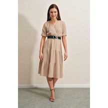 Giyim Dünyası Kadın Kemerli Kruvaze Elbise Vizon 001