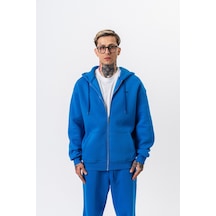 Erkek Respire Yazı Detaylı Kapüşonlu Basic Zip Oversize Hoodie Mavi