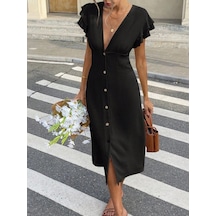 Defymoda Kadın Kısa Kollu V Yakalı Önden Düğmeli Bürümcük Midi Elbise Siyah