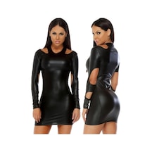 Fantezi Seksi Uzun Kollu Deri Görünümlü Mini Elbise Hf101201 Siyah