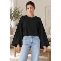 Genel Markalar Kadın Oversize Crop Geniş Kollu Basic Sweatshirt SiYAH