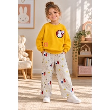 Tucankids Kız Çocuk Miffy Tavşan Baskılı 2'li Eşofman Takımı %100 Pamuk 3 İplik Şardonsuz Sweatshirt Ve Desenli Pantolon 2-8 Yaş Sarı