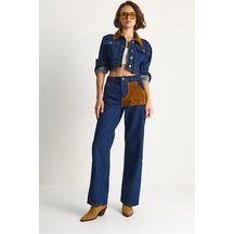 Shade Kadın Kadife Yaka Ceket Renk Bloklu Wide Leg Pantolon Denim Takım 6087 60283532 - Lacivert