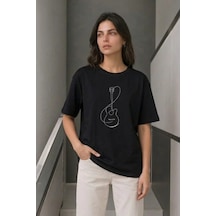 Minimal Gitar Baskılı Tişört T-shirt Yazlık Kısa Kol Bisiklet Yaka T-shirt - Siyah