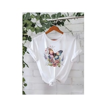 Herkesemoda Kelebek Ay Baskı Detaylı Basic T-shirt Beyaz