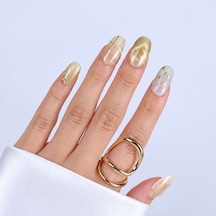 Takma Tırnak Sarı Nail Art Kısa Oval 10'lu Tekrar Kullanılabilir El Yapımı Protez Takma Tırnak Ekov3031 M