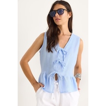 Shade Kadın V Yaka Fiyonk Detaylı Müslin Peplum Bluz G28-4883 60283356 - Bebe Mavisi