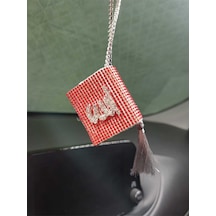 Kırmızı Kuran Kerim Gümüş Yazılı Gri Püskül