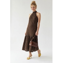 Mixray 4927 Kadın Puantiye Desenli Halter Yaka Maxi Elbise Kahve