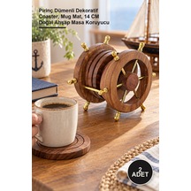 2 Adet Ahşap Bardak Altı Pirinç Dümenli Dekoratif Coaster, Mug Mat, 14 Cm Doğal Ahşap Masa Koruyucu