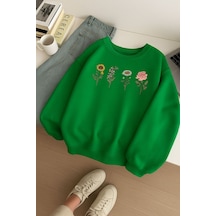 Benroma 3 İplik Penye Çiçek Baskılı Unisex Sweatshırt Yeşil