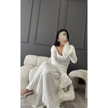 Sırt Dekolteli Çan Kollu Gibeli Uzun Elbise - Beyaz Beyaz