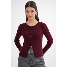Hiccup Mixray Düğmeli Slim Fit Yivli Örgü Hırka Bordo Kırmızı 03