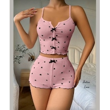 Intive Comfort Kalp Desenli V Yaka İnce Askılı Mini Şortlu Büstiy Pembe