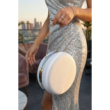 Vivazzaluxe Modern Yuvarlak Model Simli Düğün Nişan Gelin Kadın Abiye Clutch Çanta Beyaz