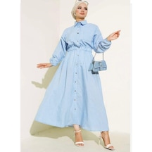 Lovie Moda Kadın Metal Düğmeli Çizgili Elbise Mavi