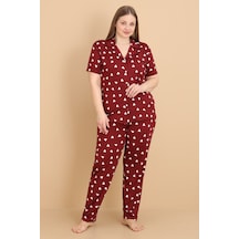 Wordex Mirano 2853 Minik Kalpli Milan Kumaş Kısa Kollu Düğmeli Büyük Beden Kadın Pijama Takımı Bordo