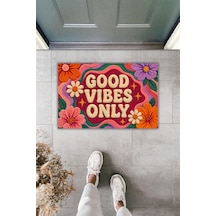 Rugmood Good Vibes Only Retro Çiçek Desenli Kapı Önü Paspası 70x45 Cm Dijital Baskılı Kaymaz Taban Çok Renkli
