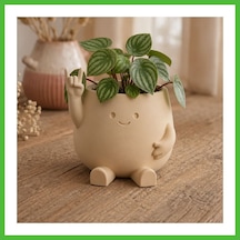 Vaveni 3d Baskı Smiley Face Planter - Gülümseyen Karakterli Saksı-bej Arz