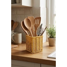 Kare Hasır Dokulu Plastik Rattan Kaşıklık Ve Çatallık, Askılı Kendiliğinden Tutmalı Çok Amaçlı Mutfak Organizeri, 10x10x14 Cm Diğer