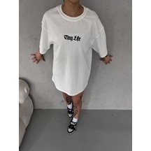 Assema Kadın Bisiklet Yaka Baskılı Oversize T-shirt - Beyaz Çok Renkli
