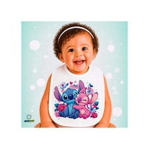 Stitch Ve Angel Keten Bebek Mama Önlüğü Yumuşak - Emici - Yıkanabilir - Özel Tasarım P178 Çok Renkli