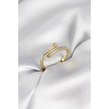 Zirkon Taşlı Gold Renk Yassı Çivi Model Kadın Yüzük Tj-byk3961 Altın - Çok Renkli