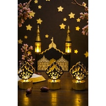 Ramazan Üçlü Set Dekoratif Pilli Led Işıklı Allah Yazılı Masa Lambası Gold