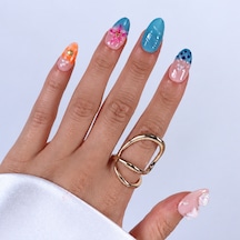 Renkli Nail Art Kısa Badem 15'li Tekrar Kullanılabilir El Yapımı Protez Takma Tırnak Kkbd-3504 S