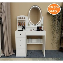 Vesta Dokunmatik Led Işıklı, Aynalı Kulis Makyaj Masası, Raflı, Çekmeceli, Takı Düzenleyici Beyaz