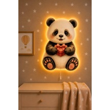 Ahşap Sevimli Panda Pilli Ledli Gece Lambası Yıldız Hediyeli Bebek Çocuk Odası Siyah