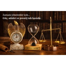 3 Lü Lüks Ofis Dekor Seti Masa Üstü Kartal Saat & Kişiye Özel İsimli Kum Saati & Adalet Terazi Seti