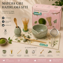 Herbarius 8 Parça Çiçek Desenli Benekli Adaçayı Yeşili Renk Matcha Çayı Hazırlama Seti - Geleneksel Japon Matcha Seti