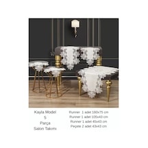 Salon Takımı 5 Parça Keten Masa Örtüsü Runner Seti Çeyizlik Kayla Model No 22252 Krem-gold Bzckh618 Çok Renkli