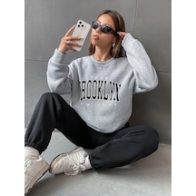 1898 Brooklyn Eşofman Takımı Gri Sweatshirt Siyah Jogger - Baskılı Oversize Şardonlu Bisiklet Yaka Gri Siyah