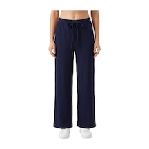 Cottonill Premium - Tide Collection Lacivert Bağcıklı Bürümcük Dokulu Bol Paça Kadın Pantolon