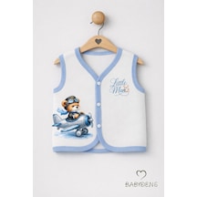 Babyden's Erkek Bebek Yelek Pamuklu Çıtçıtlı Elmas Jakarlı Ayıcık Baskılı Yenidoğan Bebek Yeleği Mevsimlik Ekru - Mavi