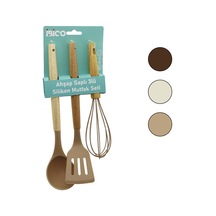 İbico İ22-008 3 Parça Renkli Silikon Mutfak Seti Ahşap Ve Bambu Saplı - 12'li Paket
