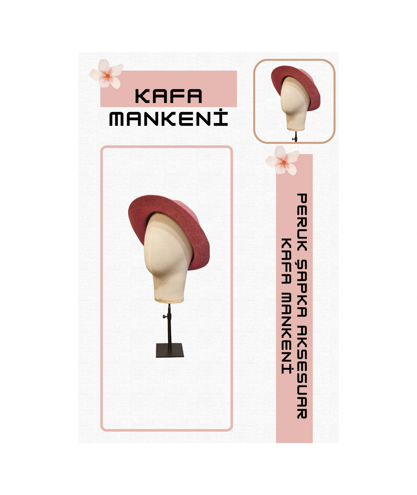 Kumaş Kaplı Metal Standlı Polyester Kafa Mankeni Aksesuar Mankeni Şapka Mankeni Peruk Mankeni 0011