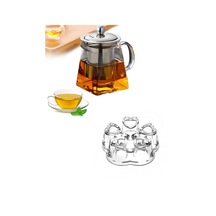 Borosilikat Cam Metal Süzgeçli Ve Metal Kapaklı Piramit Demlik Ve Cam Isıtıcılı Set 750 ML Şeffaf