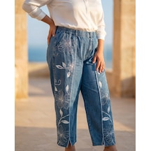 Büyük Beden Çiçek Desenli Mom Kesim Bileği Yırtmaçlı Denim Kadın Pantolon Mavi