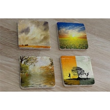 Yoga Denge Ve Gün Btımı Manzaralar Doğal Taş Bardak Altlığı 4'lü Set - Natural Stone Coasters - Taş Çok Renkli