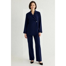 Benerly Kadın Büyük Beden Kruvaze Blazer Pantolon Takımı Relaxed Kesim Uz Lacivert